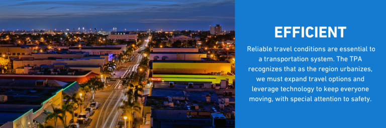 EFFICIENT - Reliable travel conditions are essential to a transportation system. The TPA recognizes that as the region urbanizes, we must expand travel options and leverage technology to keep everyone moving, with special attention to safety.