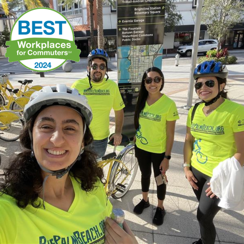 TPA's Best Workplace for Commuters 2024 designation above a selfie with TPA employees on a bicycle ride in highlighter yellow shirts