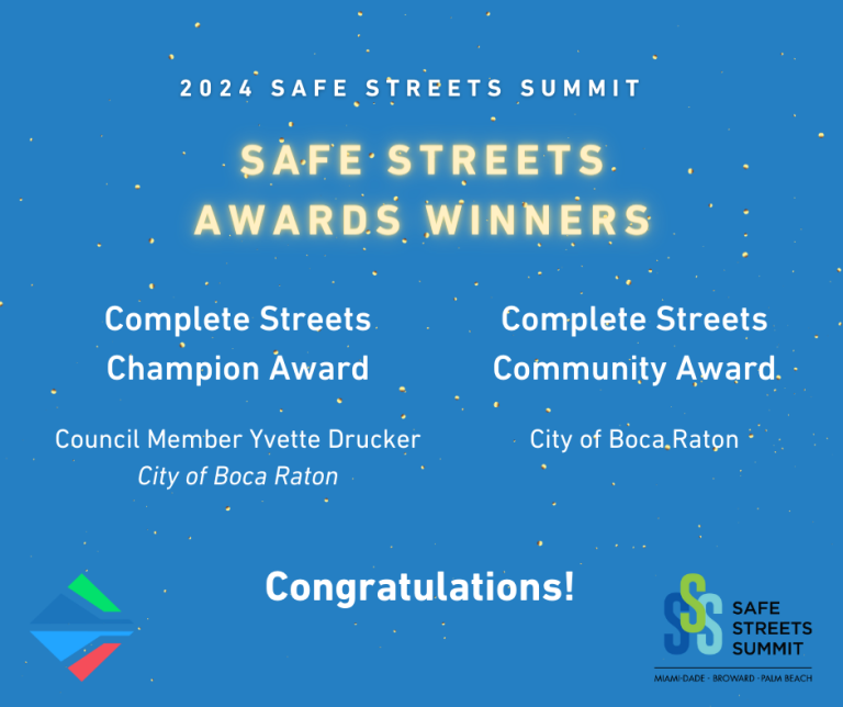 2024 Safe Streets Award Winners for Palm Beach County announced over a TPA blue background with gold confetti and the TPA and Safe Streets Summit logos