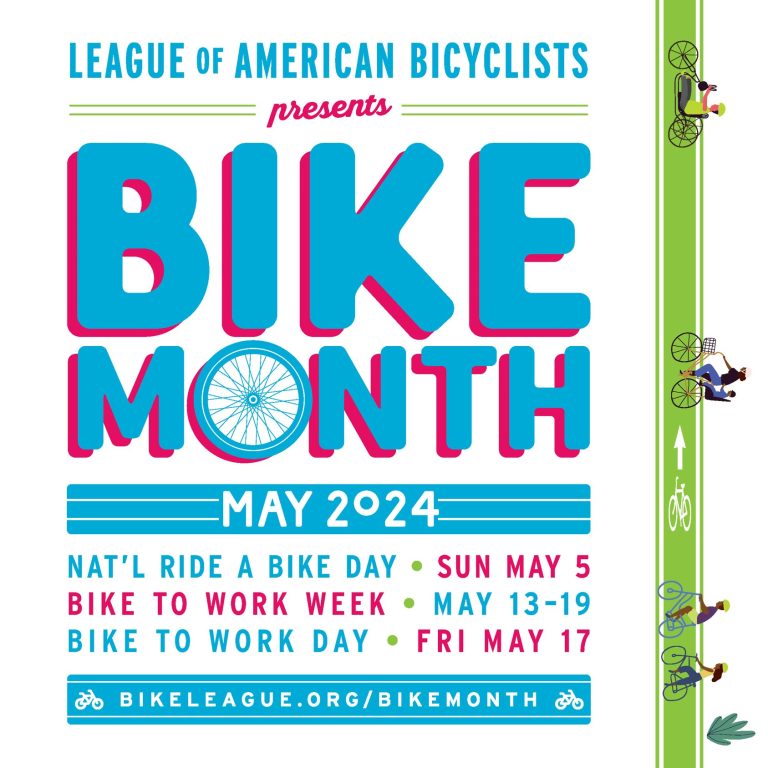 National Bike Month flyer with a green road on the right side featuring bicycle riders